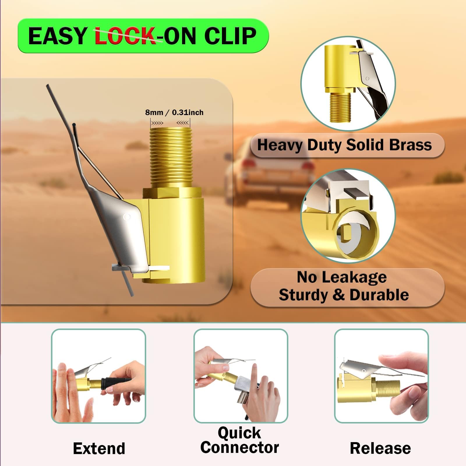 Hiyitks Air Chuck With Clip Adapter, Brass Locking Tire Inflator Nozzle Adapter Connect, No Leakage 250 Psi Tire Chucks For Vehi