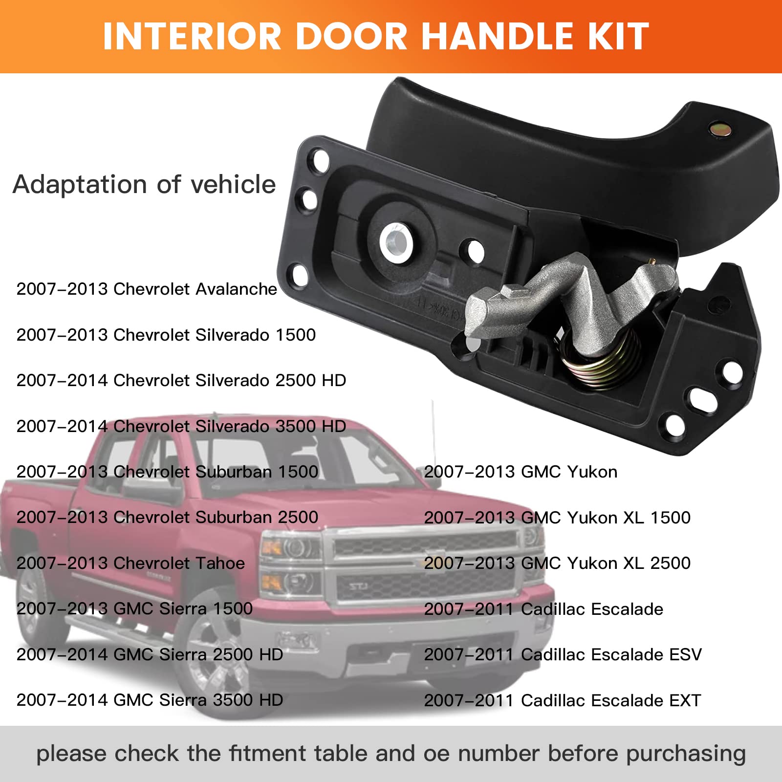 E-Vniko Left Driver Side Interior Door Handle Kit for 2007-14 Chevy Silverado, Black, Model 1, Compatible with GMC Sierra, Escalade