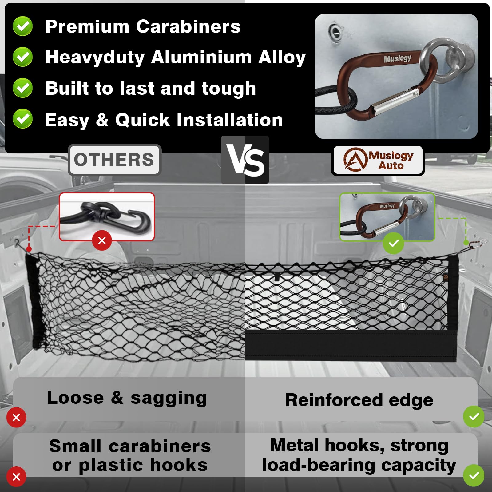 Muslogy Truck Bed Cargo Net for Ford F-150 & Lightning 2015-2026, Black, Envelope Style with Heavy Duty Carabiners, Model MUS-CARGO NET-3-1