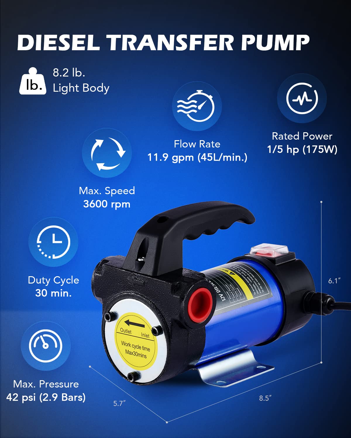 Orion Motor Tech 12V Diesel Transfer Pump 10GPM, Copper, Nozzle Hoses Not Included, Model 8011_N0