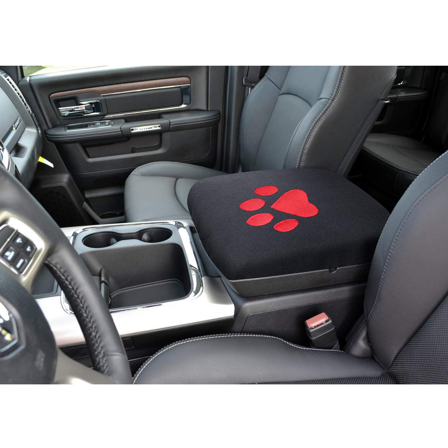 Center Console Armrest Pad Cover For Dodge Ram 1500 2500 3500 4500 5500 Pickup Trucks 1993-2020 Black Soft Car Armrest Protector Cushion All Seasons (Red Dog Paw)