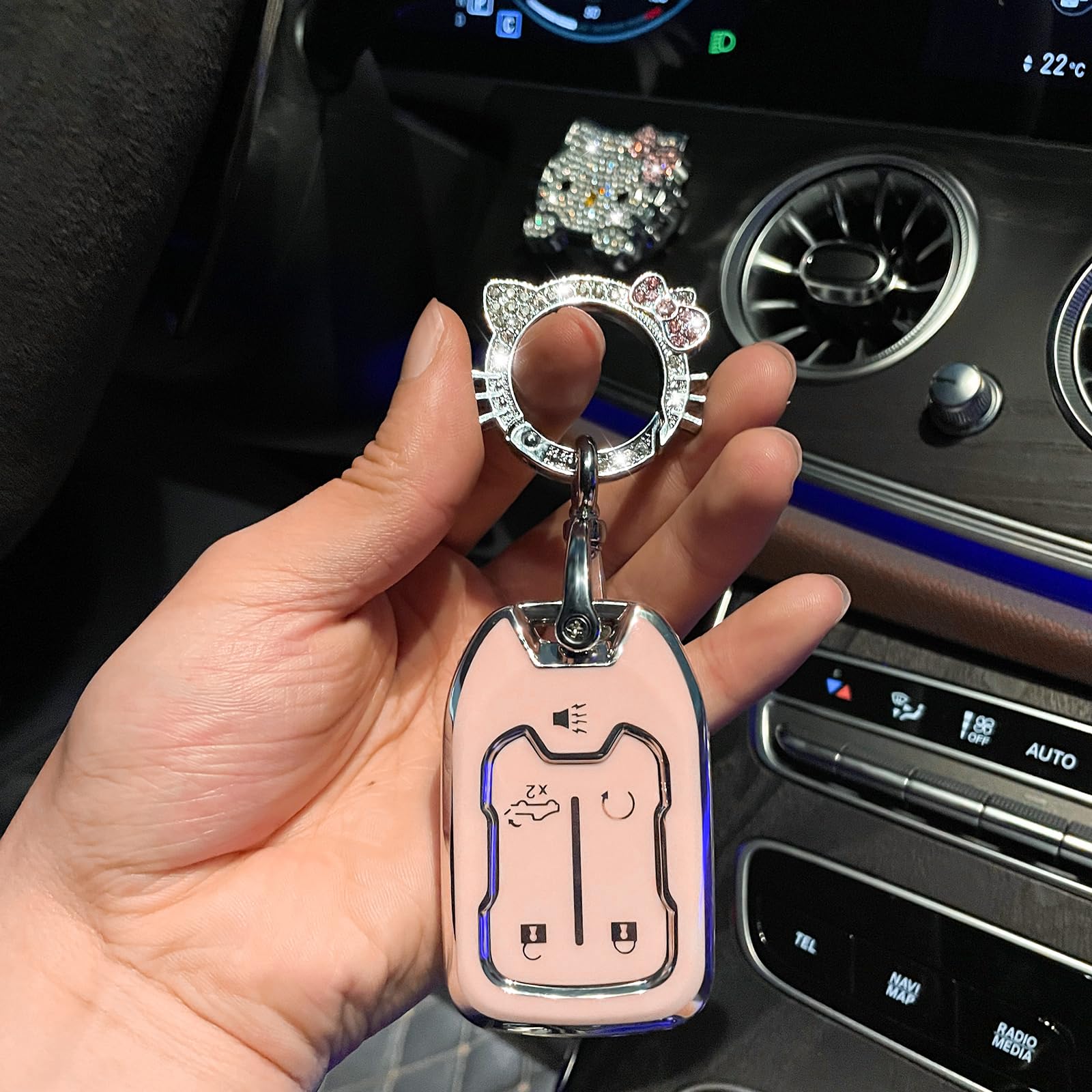 Pangpai 3 Pcs Pink Key Fob Cover for Chevy GMC Silverado Sierra - TPU Material with Bling Keychain, Fits 5 Buttons