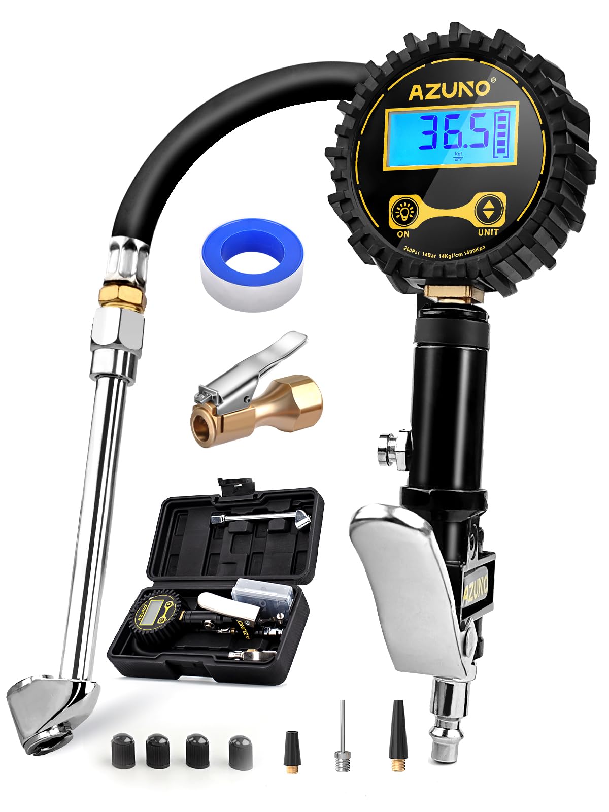 Azuno Digital Tire Inflator With Pressure Gauge, 200 Psi, Heavy Duty Air Compressor Accessories, With Rubber Hose Lock On Air Ch