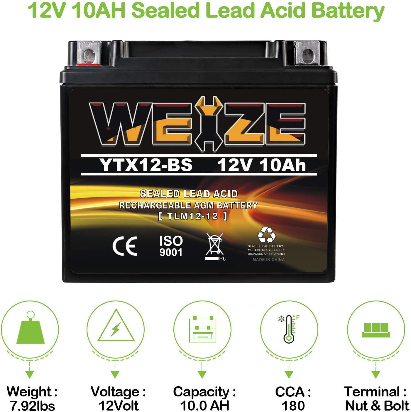 WEIZE YTX12-BS Motorcycle Battery - High Performance, Maintenance Free, Sealed, Black, Rechargeable ATV Compatible with Honda, Kawasaki, Suzuki