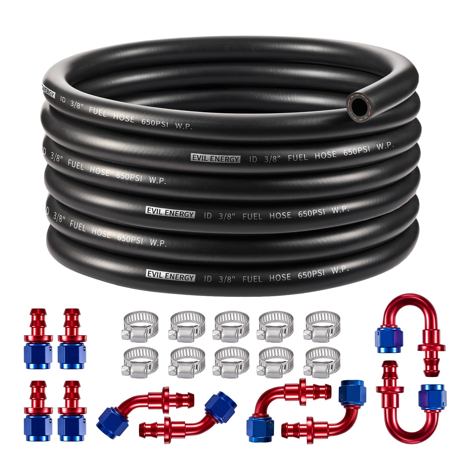 EVIL ENERGY 6AN 3/8 Fuel Line Kit 20FT, CPE Rubber 3/8 Fuel Hose with Push On Fittings and Hose Clamps 20PCS, Blue&Red