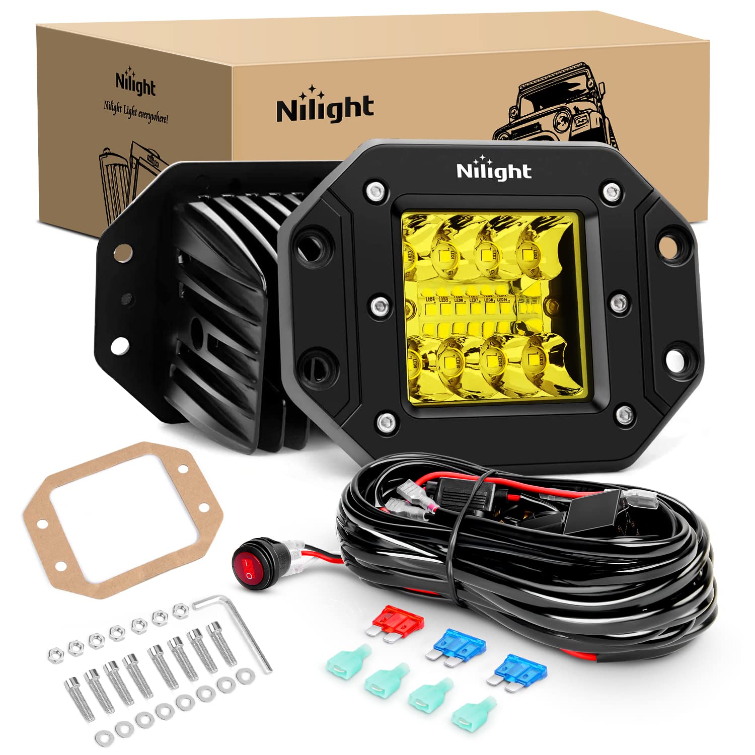 Nilight 2Pcs 42W Flush Mount Amber Led Light Pods Upgraded Spot Flood Combo Beam Driving Light Led Work Light With 16Awg Wiring