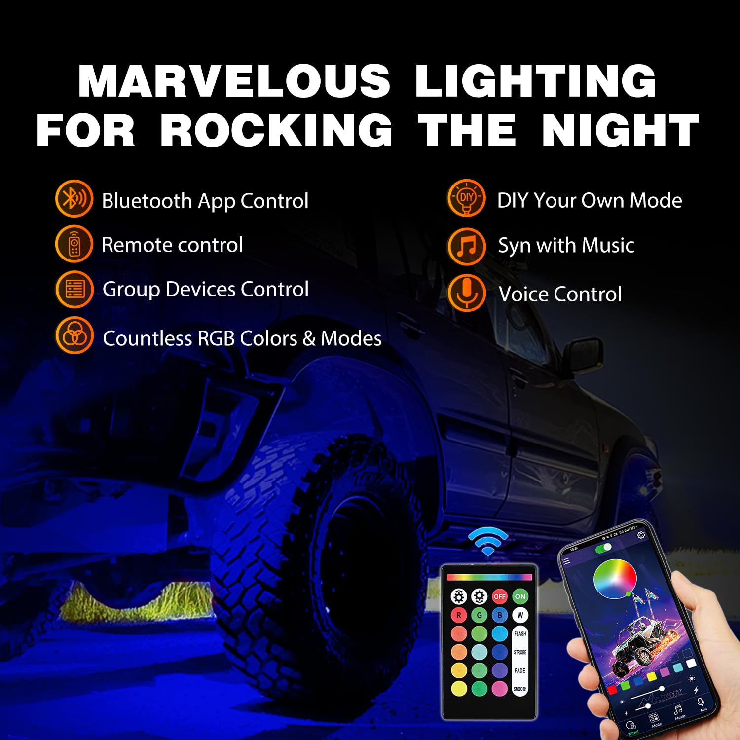 Nilight RGB LED Rock Lights Kit - 12 Pods, Aluminum, Remote & Bluetooth Control, Multicolor for Truck ATV UTV RZR SUV