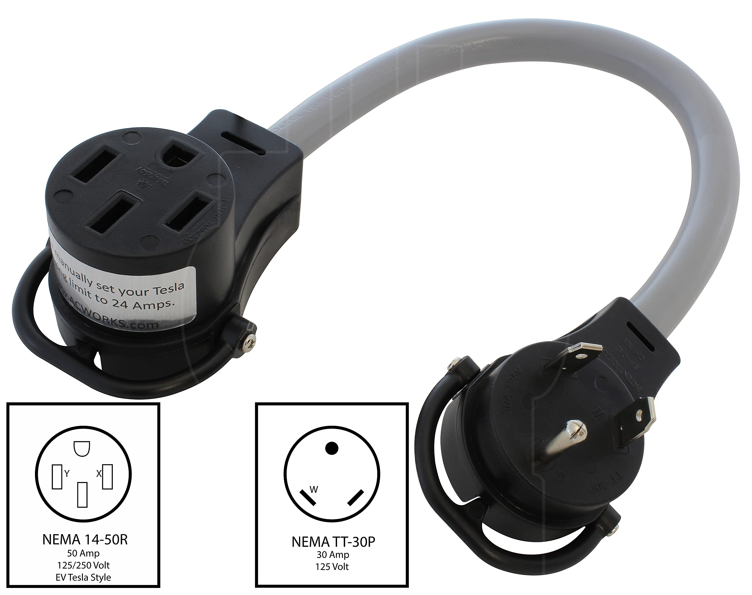 Ac Works Electric Vehicle Charging Adapter For Tesla Use (Tt-30 Rv 30A To Tesla)