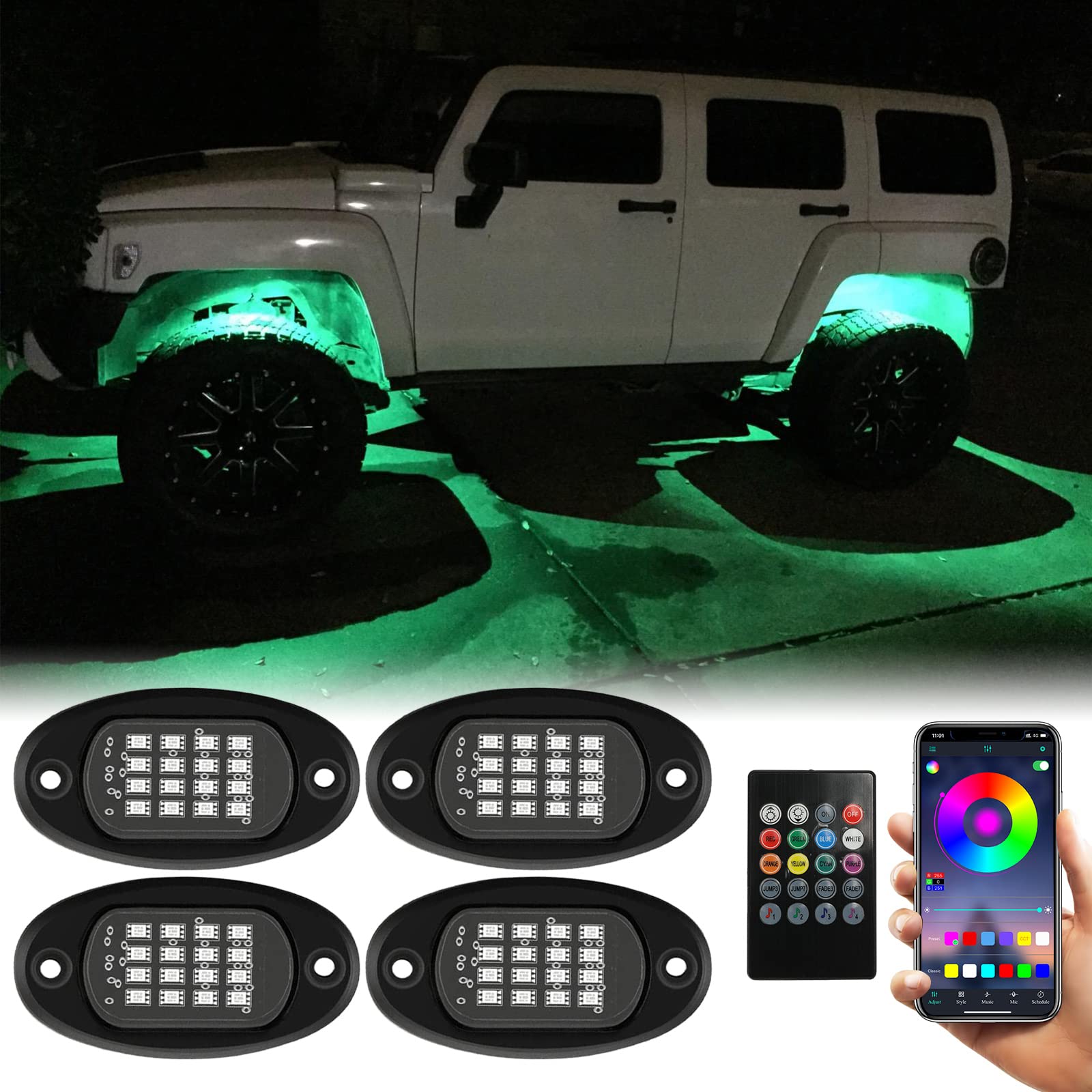 SUNPIE Rock Lights, 4 Pods RGB LED Rock Lights Underglow kit with APP/Remote Control & Music Mode, Waterproof Underglow Light ki