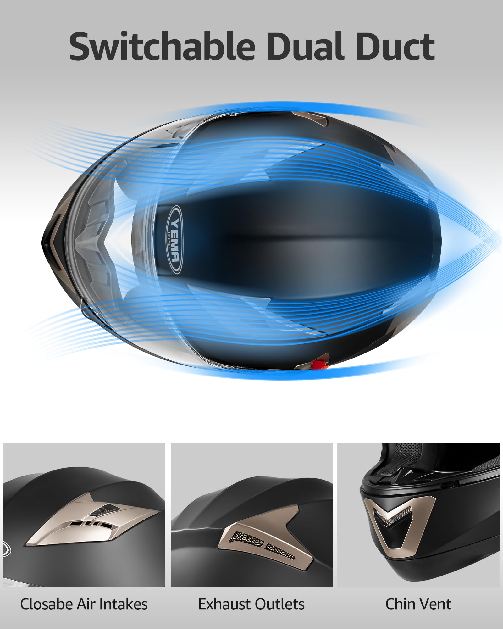 YEMA Helmet Motorcycle Full Face Helmet DOT Approved, Medium, Matte Black, Model YM-829, with Sun Visor for Adults and Youth