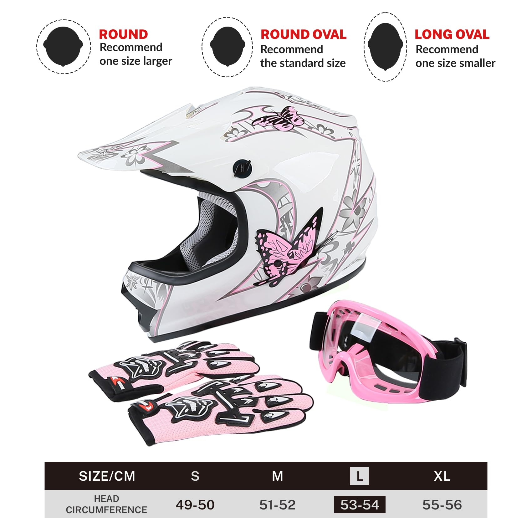 TCT-MOTORPARTS Youth ATV Helmet, Large, Thermoplastic, Pink Butterfly, Includes Goggles & Gloves, Dirt Bike Motocross Offroad