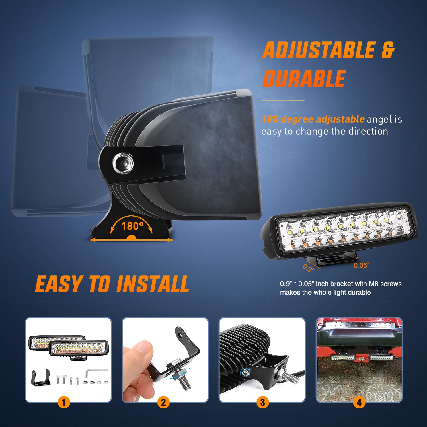 Nilight 15020F-B 54W LED Work Lights Bar - 6 Inch, 2Pcs White/Amber, Aluminum, PMMA Lens, 2 Years Warranty
