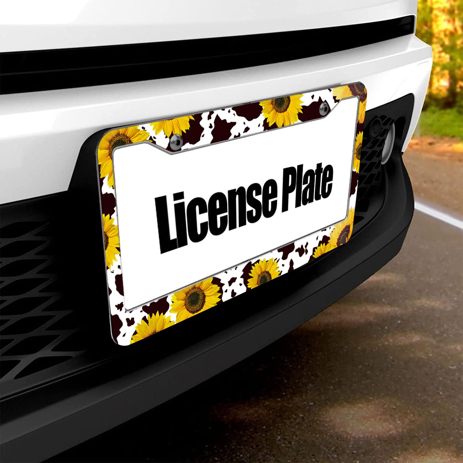 2 Pcs Sunflower Cow Print License Plate Frame Brown Cow Patten Car Tag Frame License Plate Holder Auto Tags Cover 2 Holes Screws