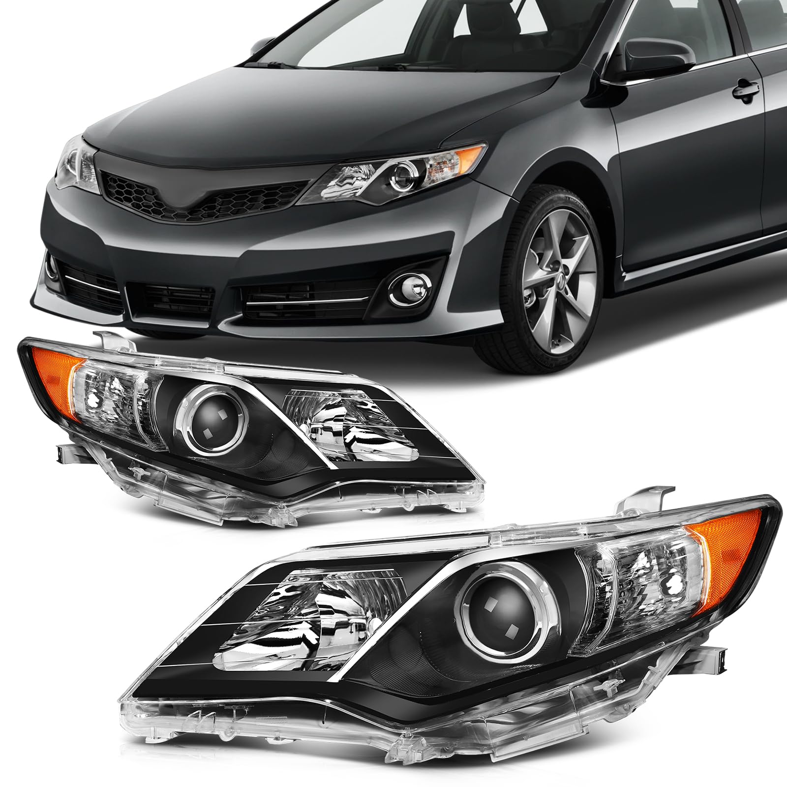 SCITOO Headlight Assembly Fits For Toyota Camry 2012-2014 headlamp in Black Housing Amber Reflector Clear Lens