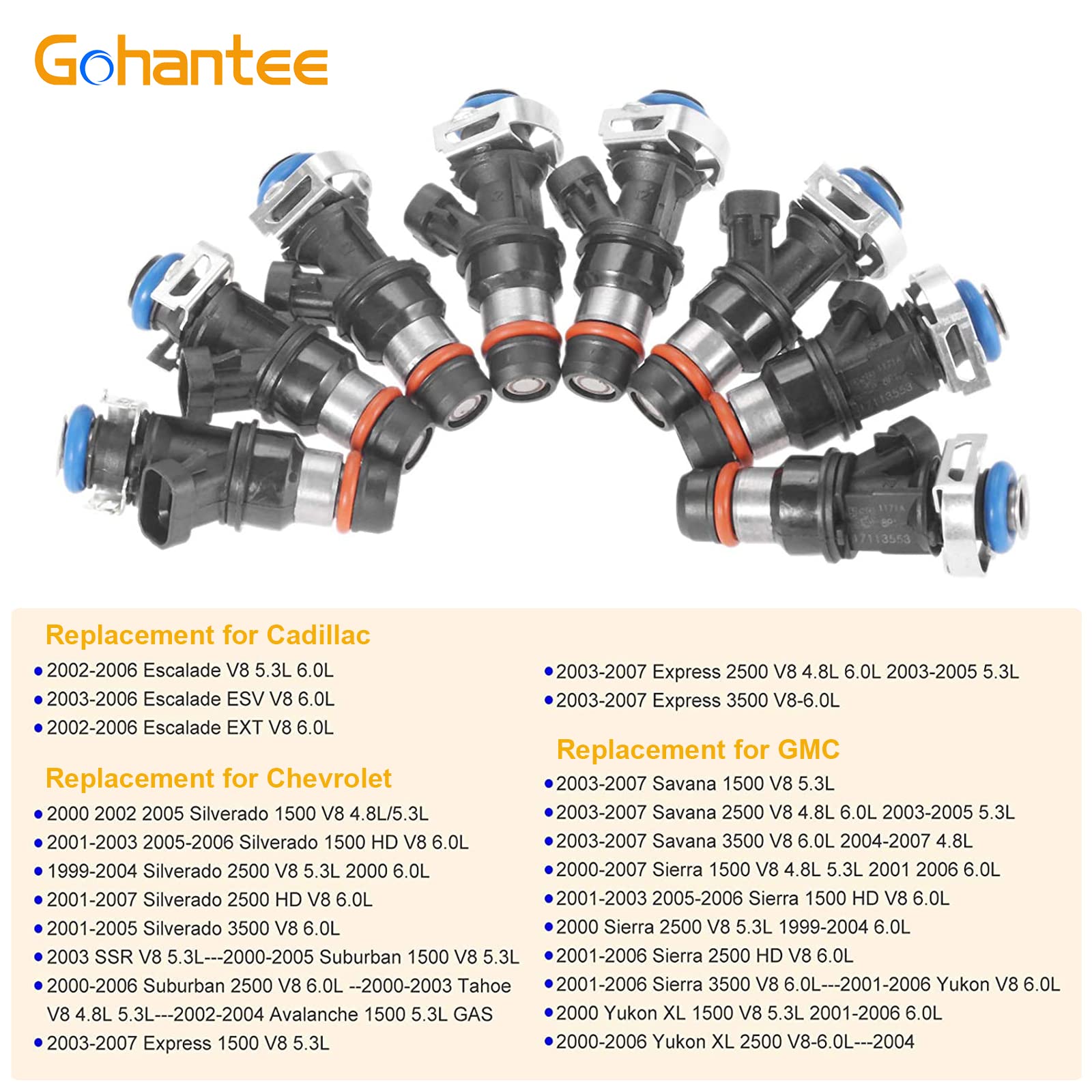 Fuel Injectors Compatible with Chevy Silverado 1500 2500 3500 Tahoe Replacement for GMC Sierra 1500 2500 3500 Tahoe 4.8L 5.3L 6.