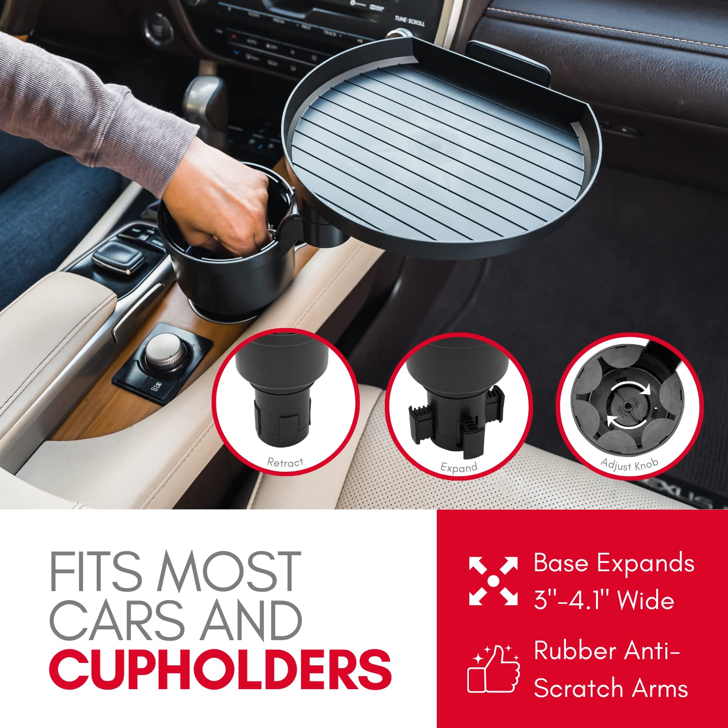 Macally Car Cup Holder Tray - 9" Food Tray & Drink Holder - Black, Pro Size, Fits Yeti & Hydroflask, Model MCUPEXPANDER