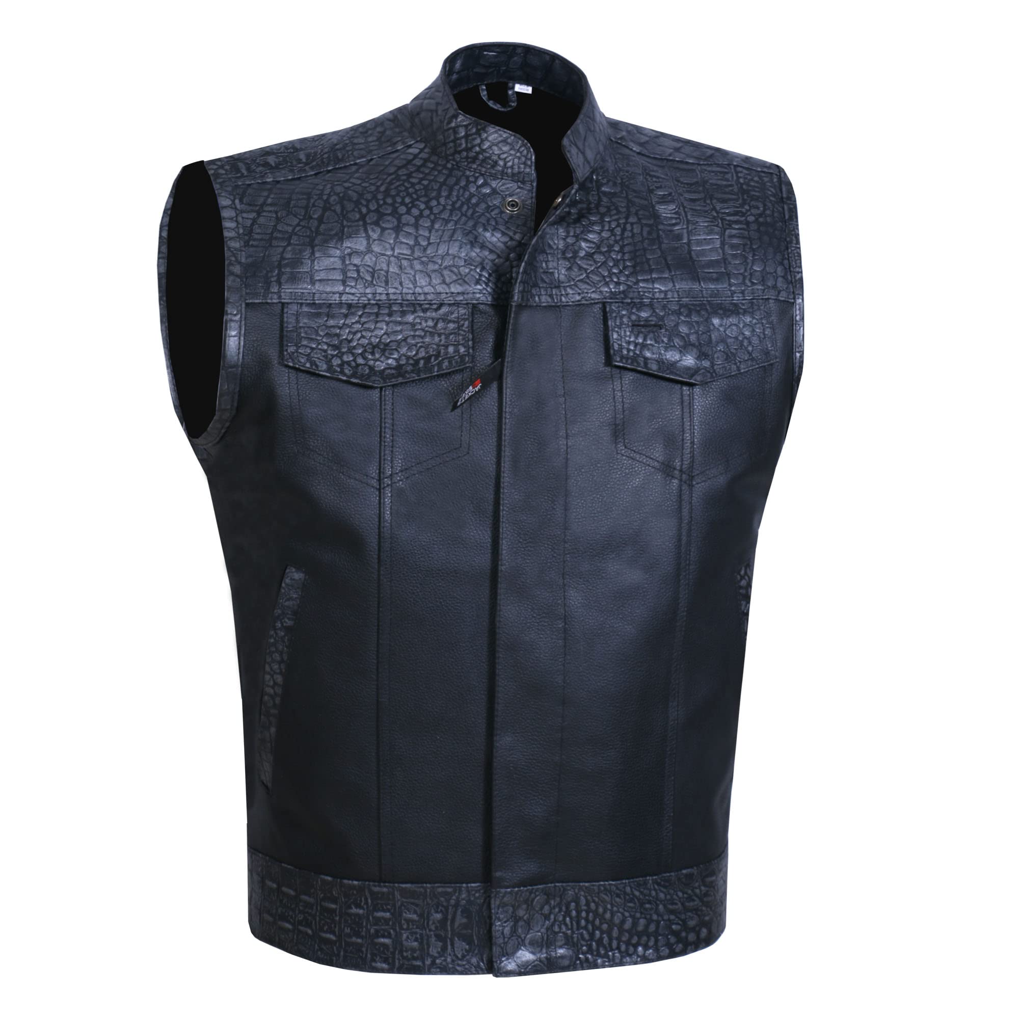 Soa Men 'S Leather Motorcycle Concealed Gun Pockets Biker Club Vest W/Armor Crocodile Black L