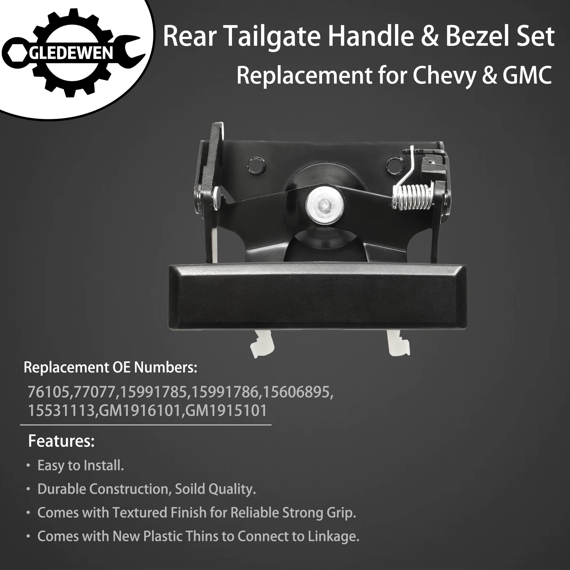 Gledewen Tailgate Handle Set - All Metal Latch & Plastic Bezel for 1988-2002 Chevy GMC C1500 C2500 C3500 Pickup Truck