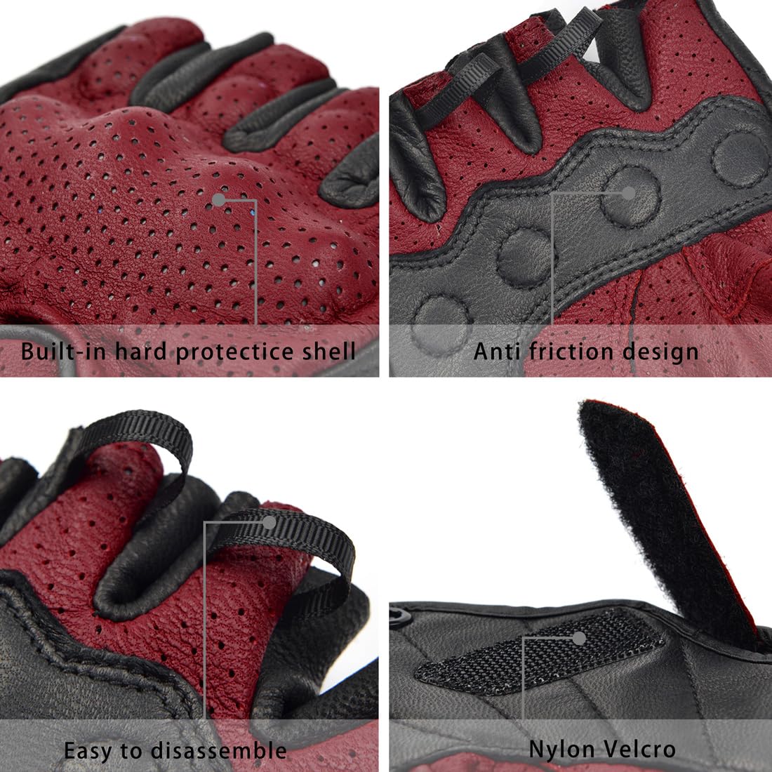 Harssidanzar Men's Motorcycle Gloves Leather Perforated Motorbike Riding Driving Gloves CM044US, Oxblood/Black, Size X-Large