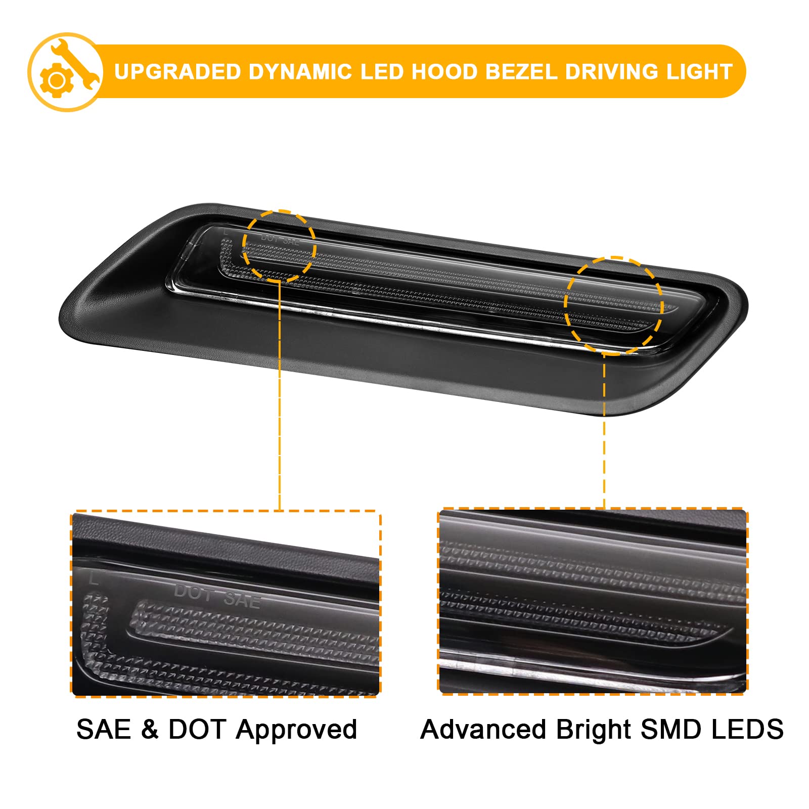 R&F Auto Clear Lens Sequential LED Hood Vent Lights Compatible with Ram 1500 (2010-2018) / Ram 1500 Classic (2019-2022) Hood Sco