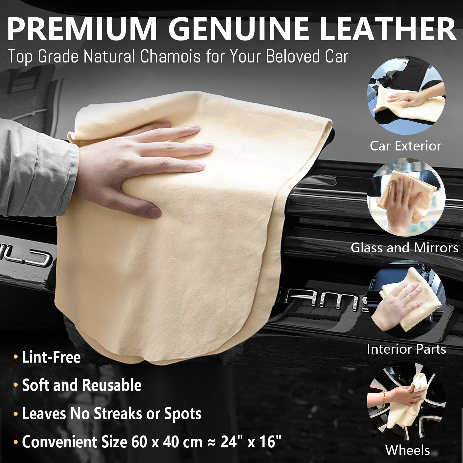 Chamois Cloth for Car 2 Pack Shammy Towel 24 ' ' x 16 ' ' (2.58 sq ft Each) Super Absorbent Drying Towel Real Leather Lint Free
