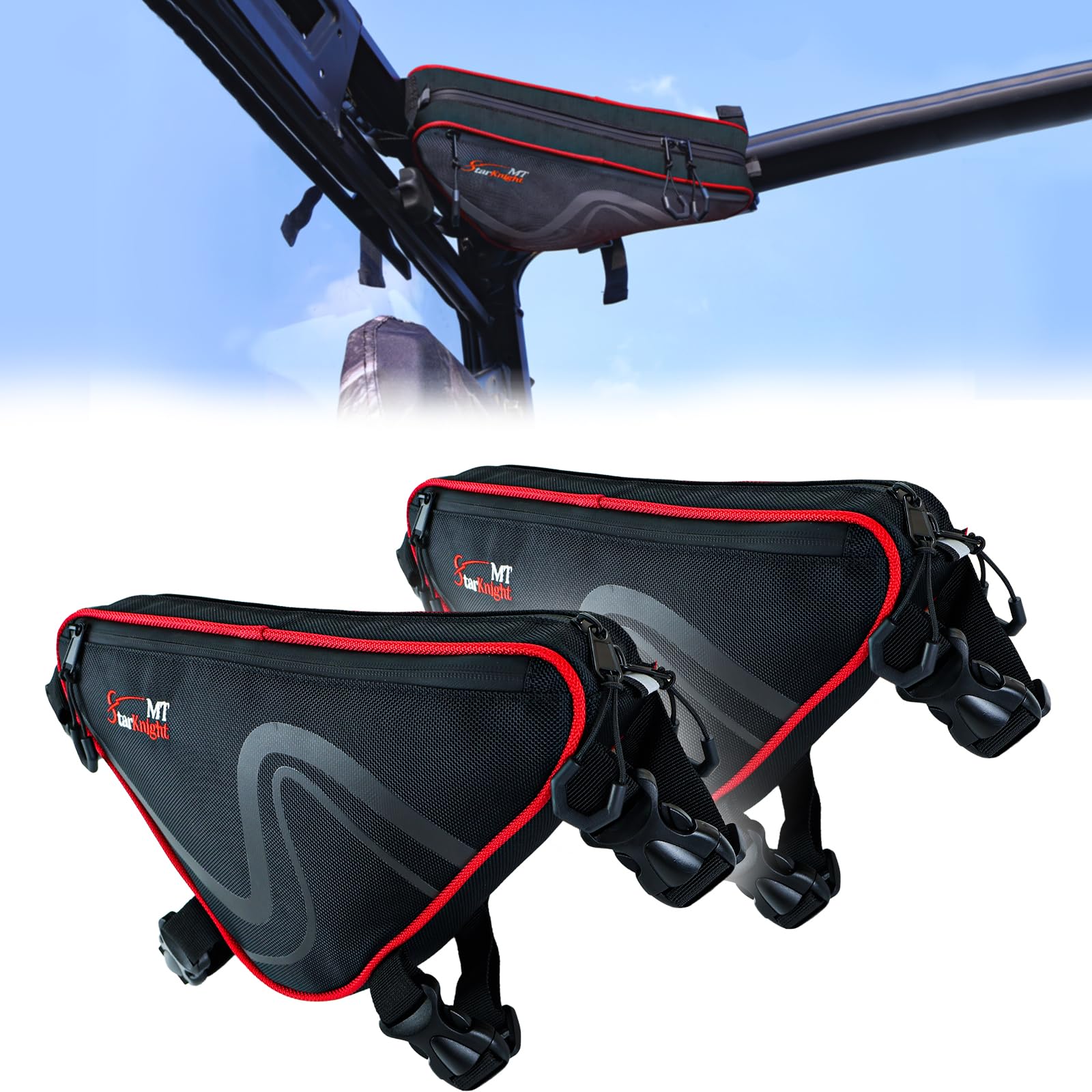 StarknightMT 2 Packs Universal UTV Roof Storage Bag, Triangle Bike Bag Waterproof UTV Overhead Bag Fits 1.75'' to 2'' Roll Bar C