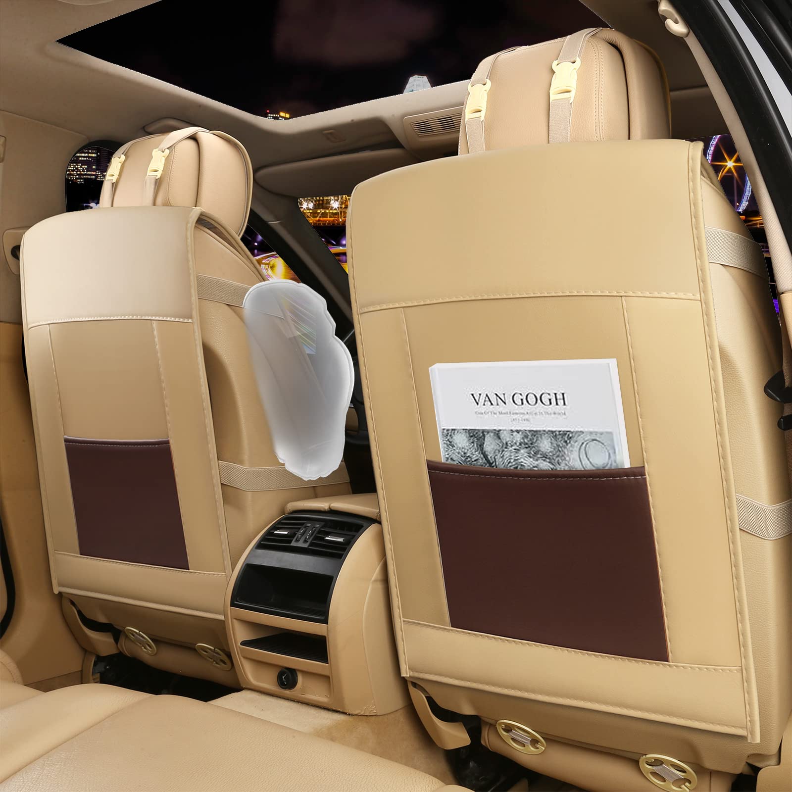 FREESOO Leather Car Seat Covers Full Set, Breathable Padded, A-Khaki Brown, Model 01QCZD, Universal Fit for Sedans, SUVs, and Trucks