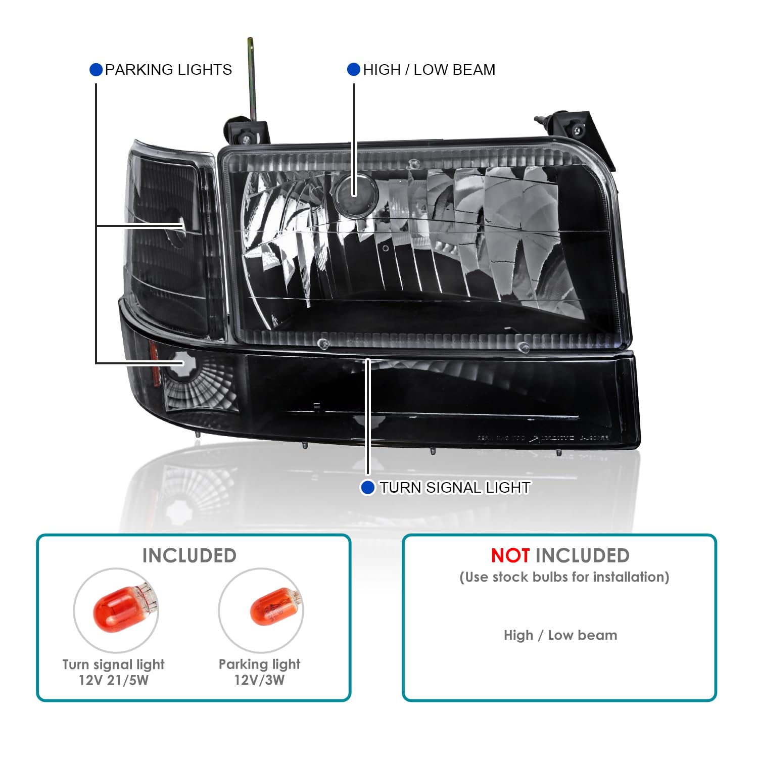 Spec-D Tuning Black Housing Clear Lens Headlights + Bumper Lights + Corner Lamps Compatible with 1992-1996 Ford F150 F250 F350 B