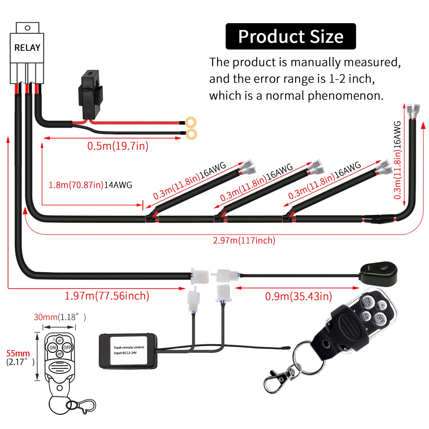 Szdystar LED Lights Bar Wiring Harness Kit - 4 Leads, DC12V, On-Off Switch, Black, Model: 4Leads with Wireless Remote, 14AWG Cable