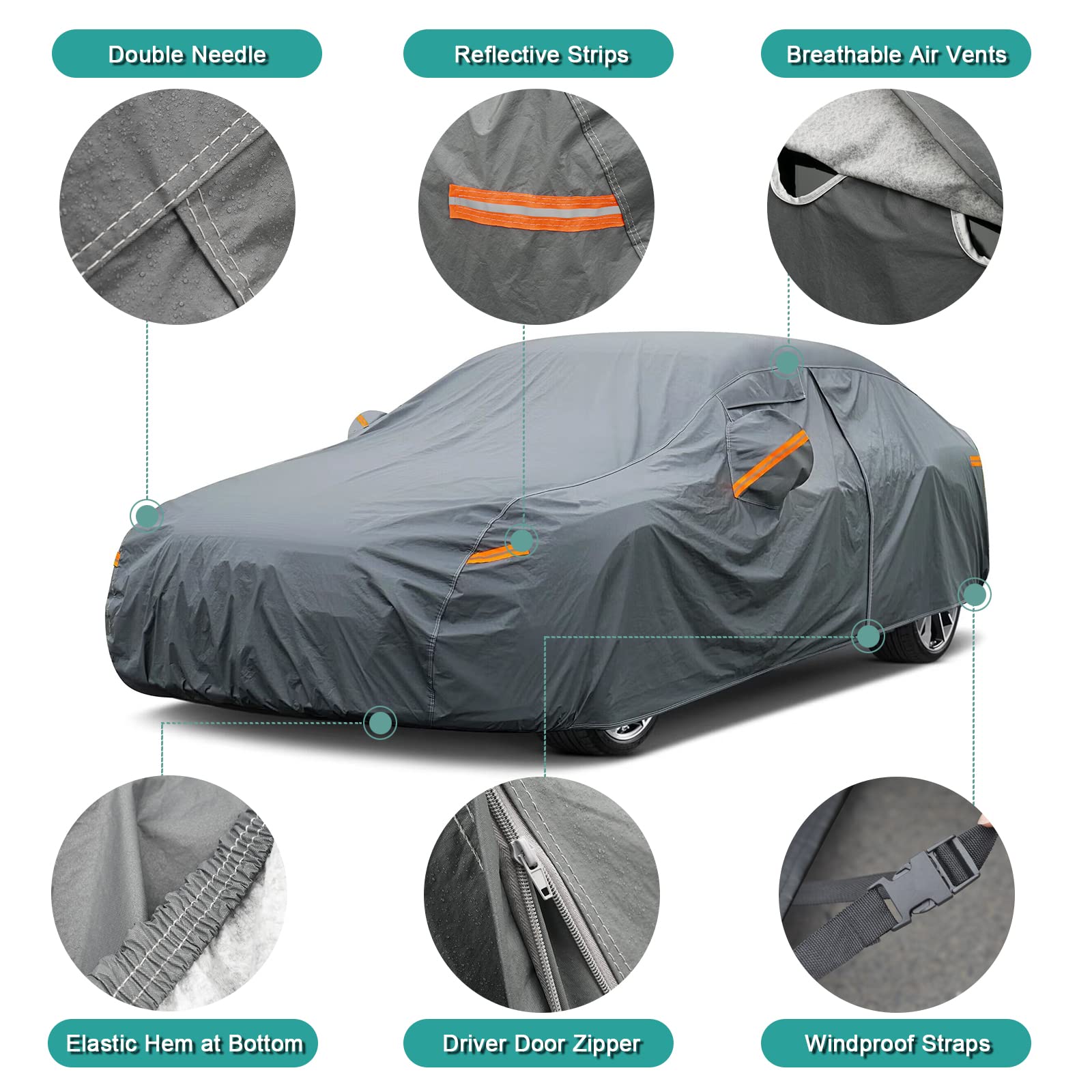 GUNHYI 16 Layers All Weather Car Cover, Waterproof Vinyl, Gray, 3XXL Fit for Sedans 194-208 inches
