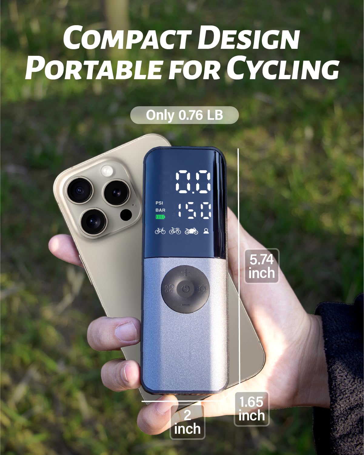GPUTEK Mini Electric Air Pump 150Psi Portable Bicycle Tire Pump with Digital Gauge, Black and Gray, Model BG01