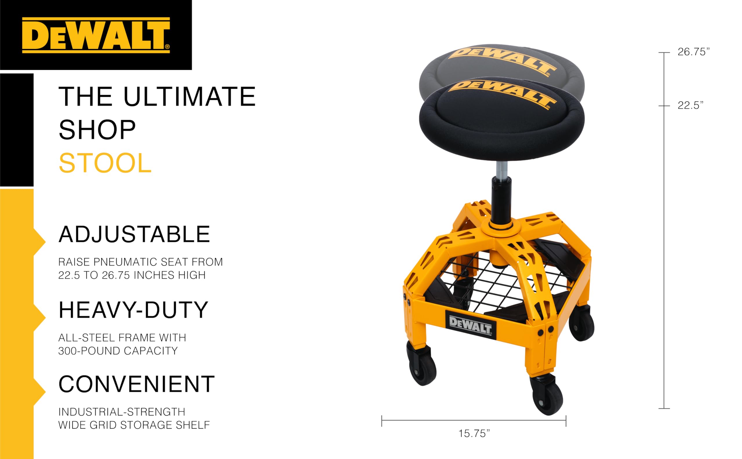 DEWALT Heavy-Duty Metal Rolling Stool, Padded 360-Degree Swivel Seat, Durable Steel Frame, Yellow and Black, Model DXSTCS025
