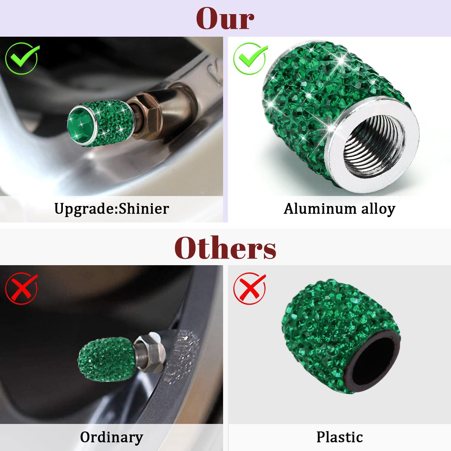 ToBeQueen Bling Tire Valve Caps, Handmade Crystal Rhinestone, Universal Dustproof, Green, 4 Pack for Car/SUV/Motorcycle/Bike