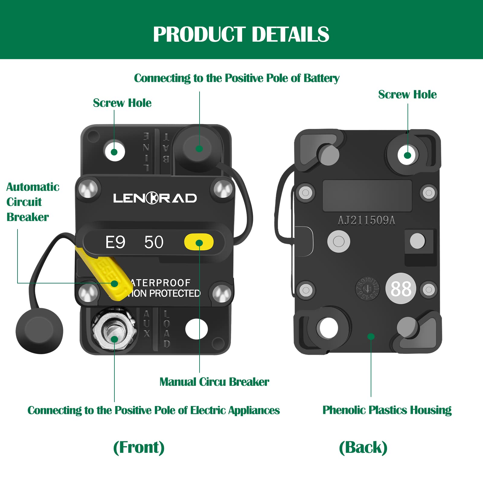 Lenkrad 50 Amp Circuit Breaker 12V With Manual Reset Switch Button For Boat Marine Rv Yacht, Boat Circuit Breakers 12V - 48V Dc, Waterproof(Surface Mount)