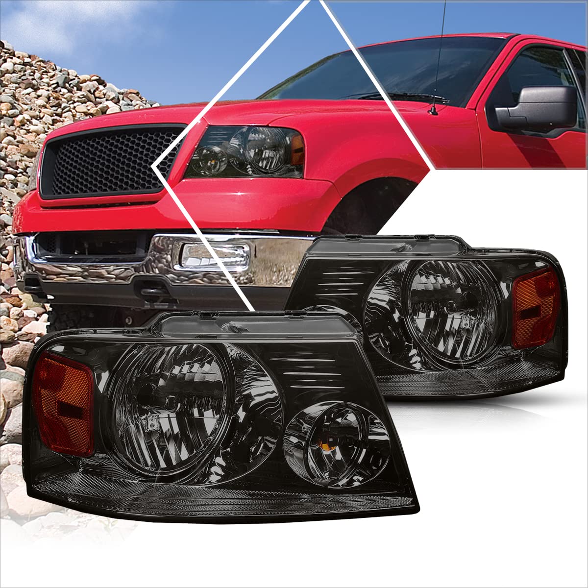 2Pcs Replacement Headlights Assembly Compatible With Ford F150 04-08/Lincoln Mark Lt 06-08,Smoked Lens/Amber Corner