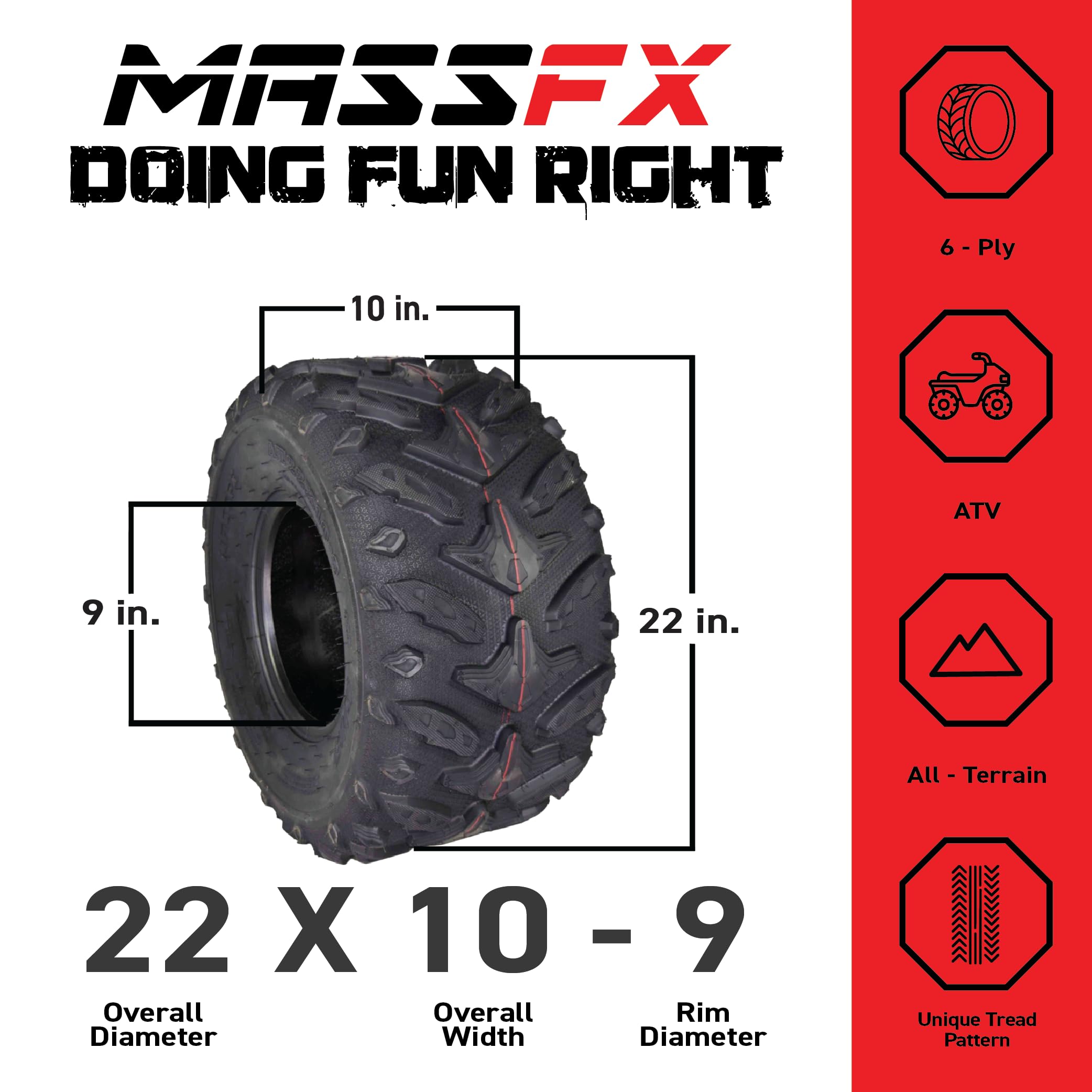 Massfx Grinder 22X10-9 Rear Atv Tire, 6-Ply Rating, Chip & Tear Resistant, Micro Tread Technology, For Soft And Hard Pack Ground