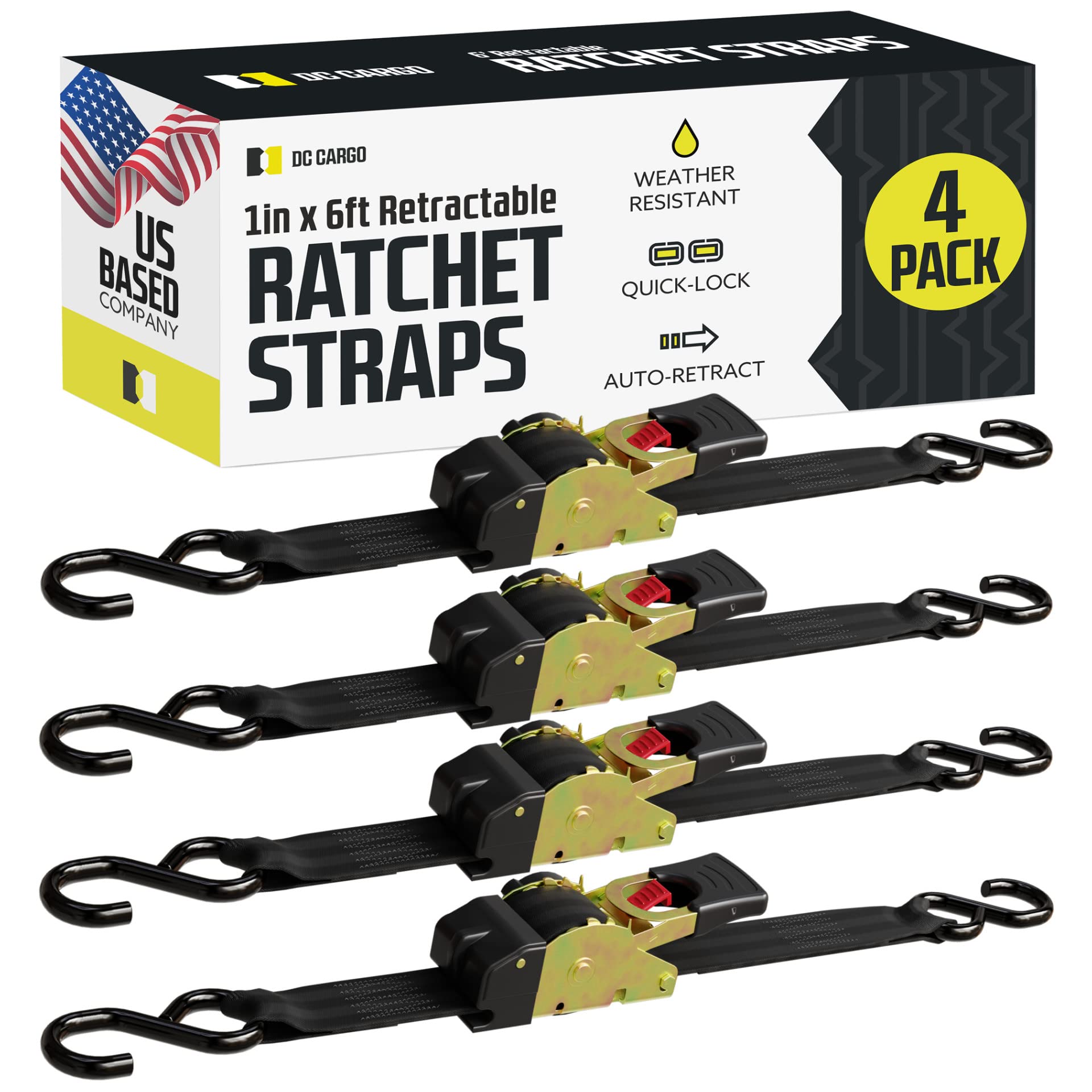DC Cargo - Auto Retracting Ratchet Straps (4 Pack 1 inch x 6) - Heavy Duty Tie Down Retractable Ratchet Straps - Easy Self Cont