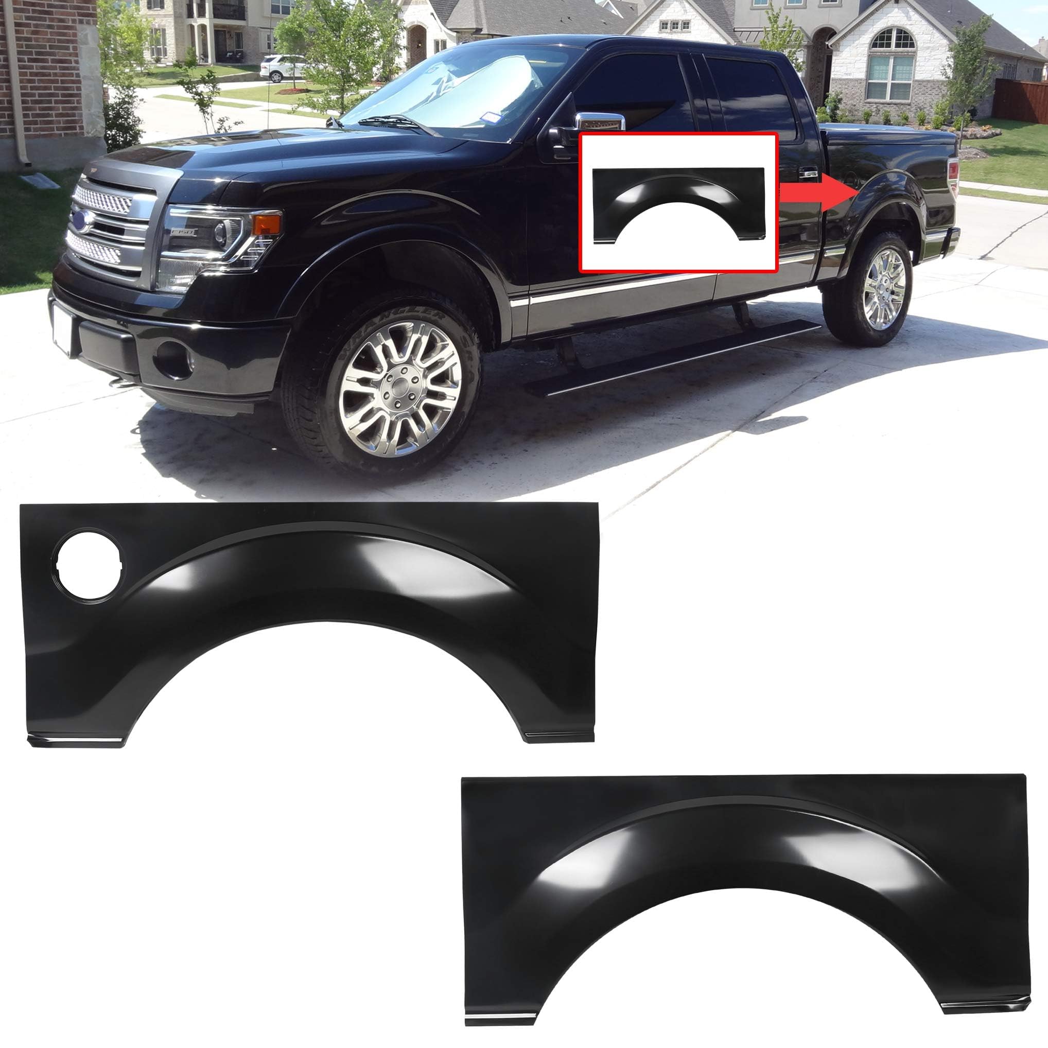 HECASA Bed Wheel Arch Rust Repair Panel for 2009-2014 Ford F-150, Steel, Black, Model MO-192, Rear Upper Quarter Patch, Driver & Passenger Side