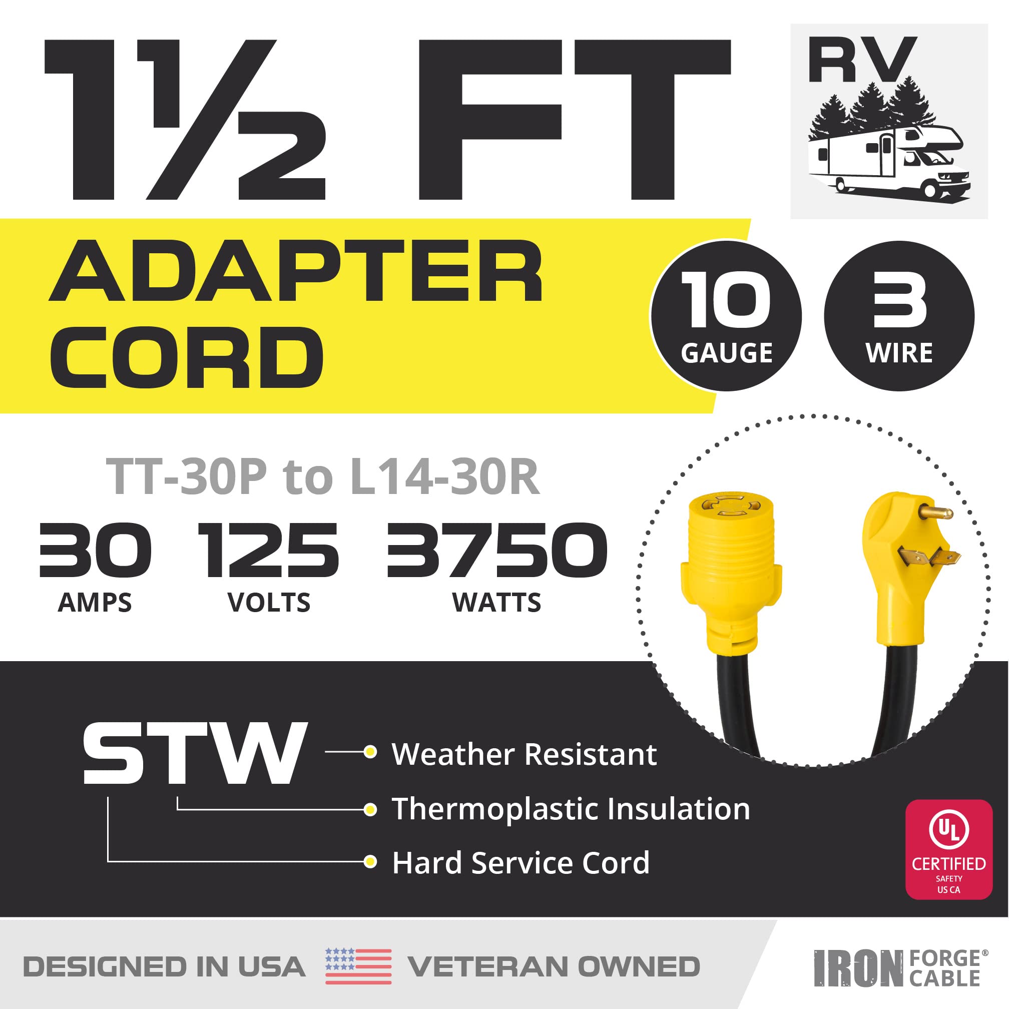 IRON FORGE CABLE RV Power Cord Adapter, TT-30P Male to L14-30R Female, 1.5ft, Model IFC-RVA-DB15, Yellow