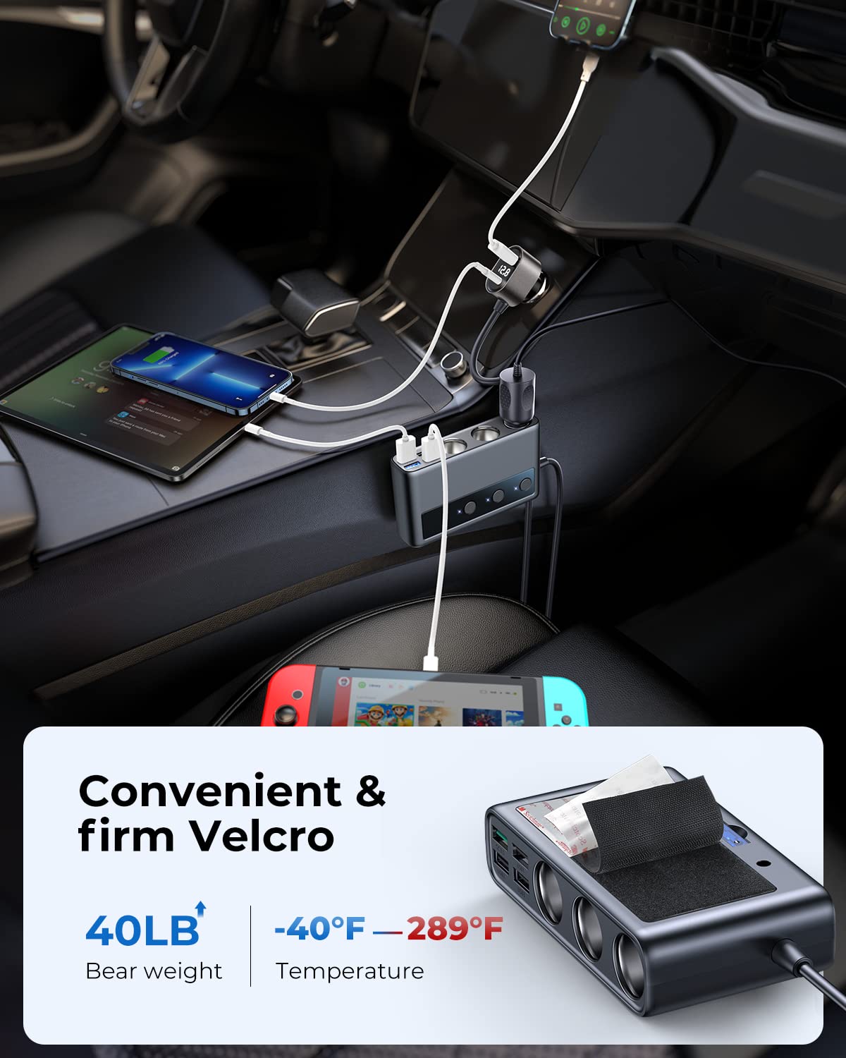 JOYROOM 9 in 1 Cigarette Lighter Splitter Car Charger Adapter, 154W PD/QC 3.0, Black, JR-CL06, 12V/24V