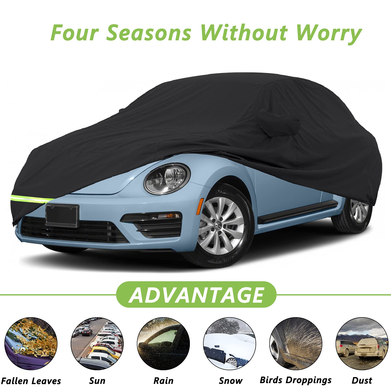 Yixin Waterproof Car Covers For 1998-2024 Volkswagen New Beetle 190T Covers Customer Fit 100% Waterproof Windproof Strap & Double Door Zipper Up To 170” L (Black)