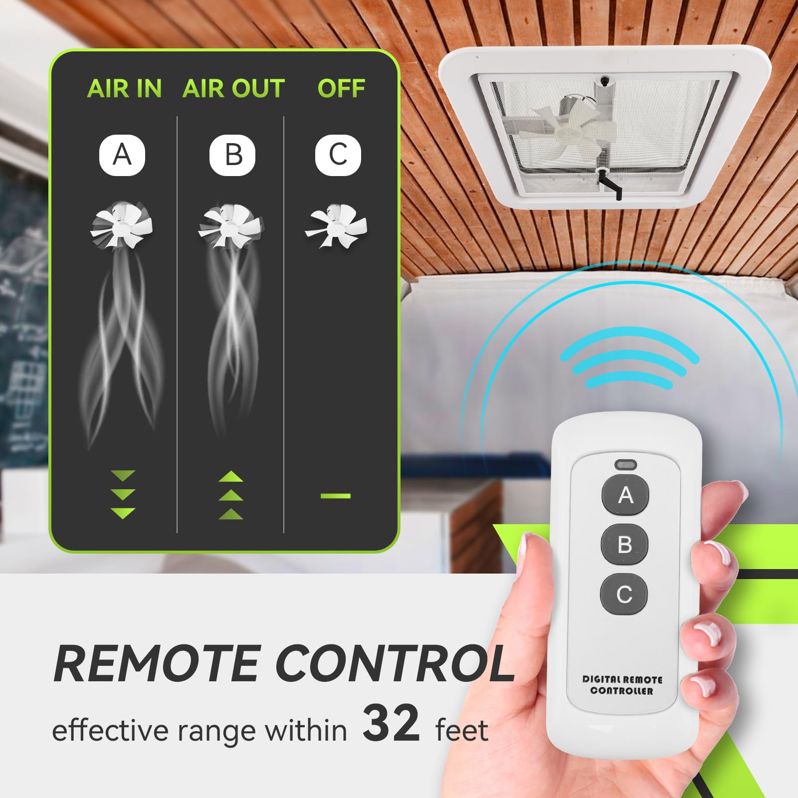 RVMATE 14'' Remote RV Roof Vent Fan for RV/Camper/Trailer, Remote Control Reversible Exhaust RV Roof Vent Fan White with 12V RV