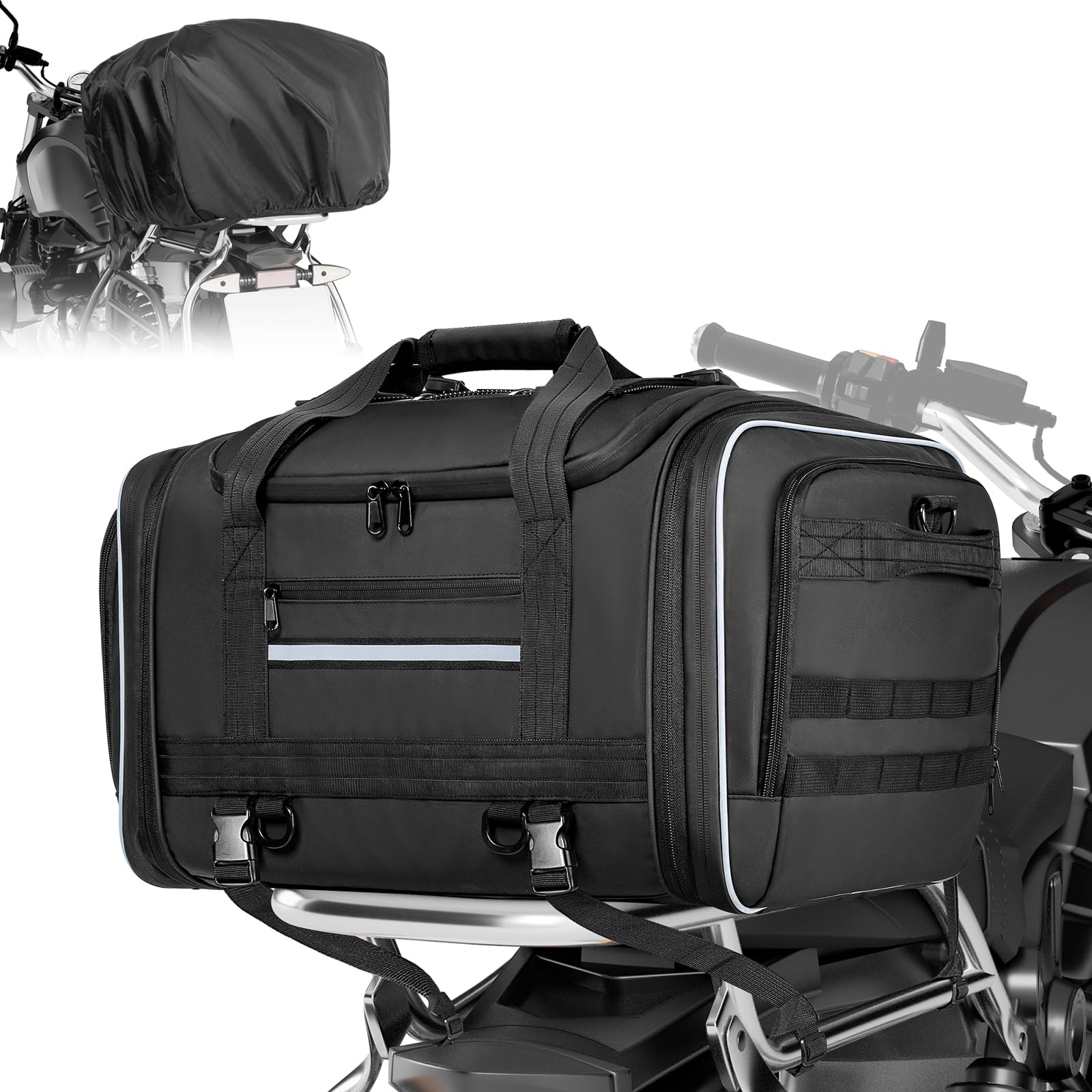 Marscamd Waterproof Motorcycle Tail Luggage Bag, 48L-64L Expandable, a Rain Cover Included, Bag with 4 Rack Mount Straps and Mul