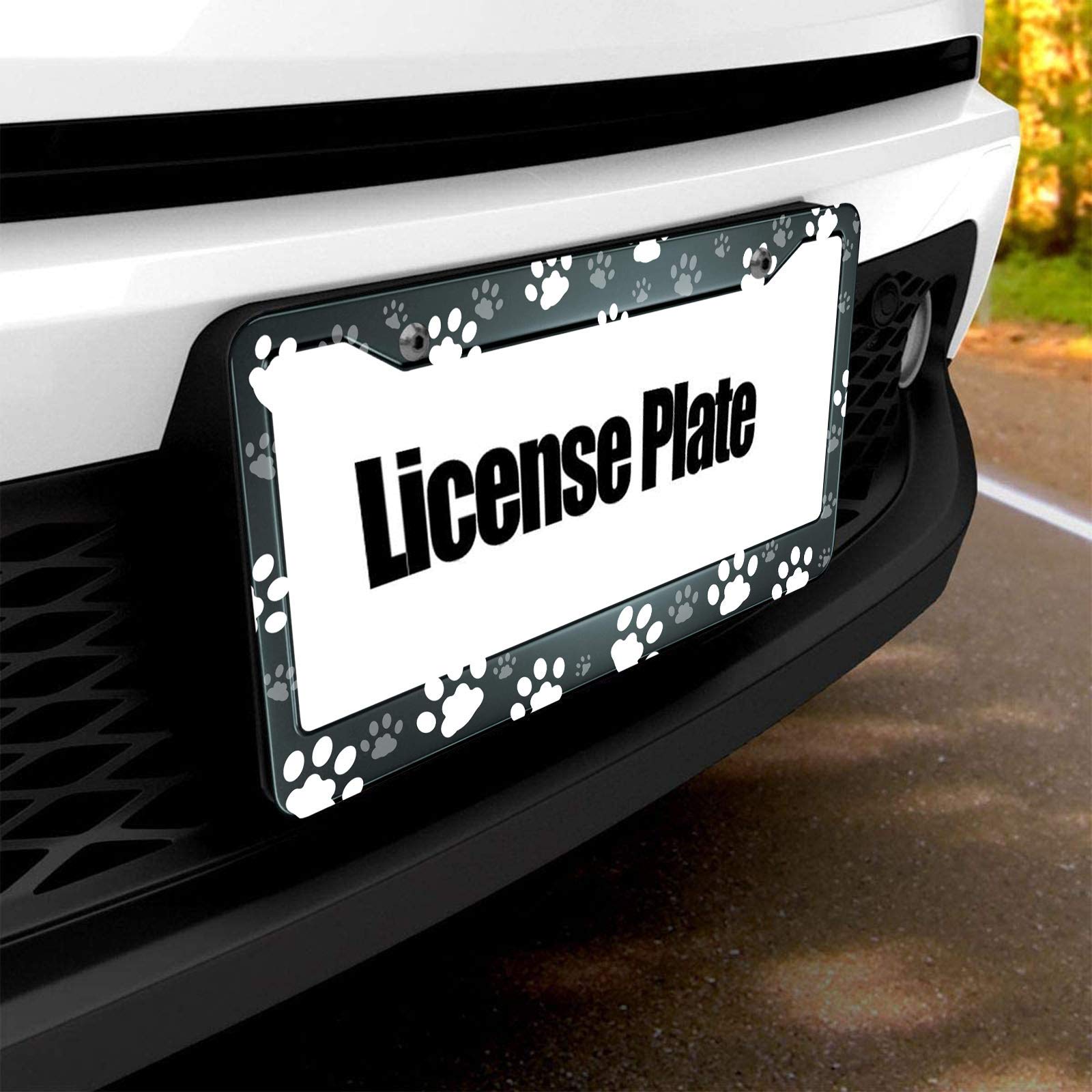 HOSNYE Dog Paw Print License Plate Frame White and Gray Metal License Plate Cover Front Plates Frames Car Tag Frame for Women Me