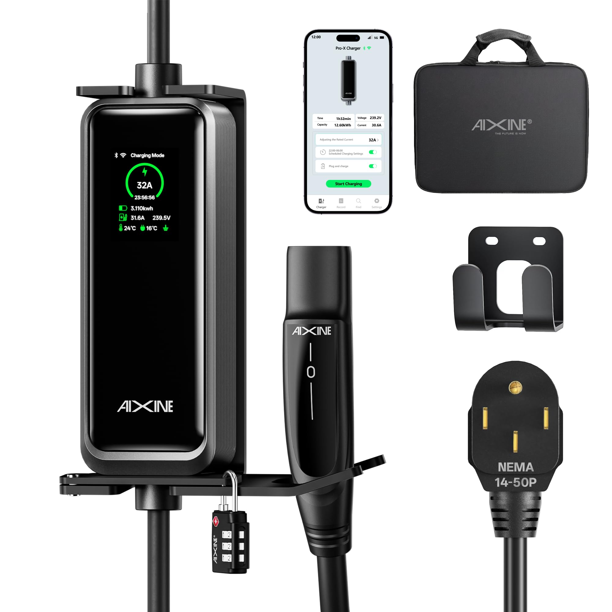 AIXINE Level 2 EV Charger,Tesla EV Charger NACS 32A with 25FT Extension Cord Cable,Enhanced WiFi Smart App,240V NEMA 14-50 Plug 