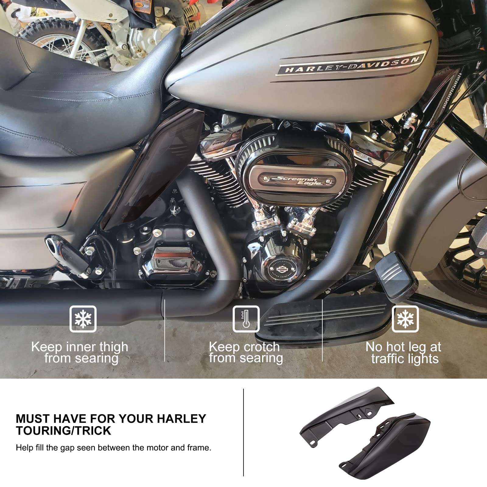 Kiwi Master New Smoked Mid-Frame Air Heat Shield Deflectors Compatible For 2009-2024 Harley Touring/Trick Electra/Street/Tri/Roa