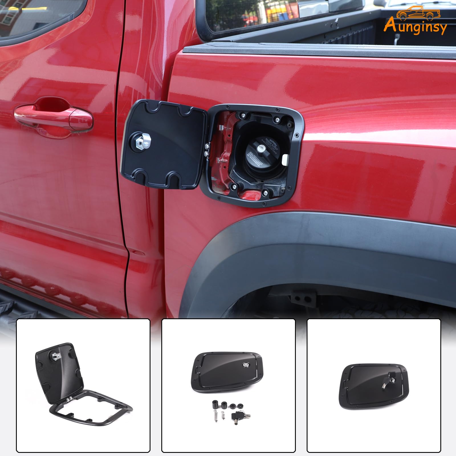 Aunginsy Fuel Tank Cap Replacement for Toyota Tacoma 2016-2023, Black Aluminum Anti-Theft Lock Trim Cover Accessories