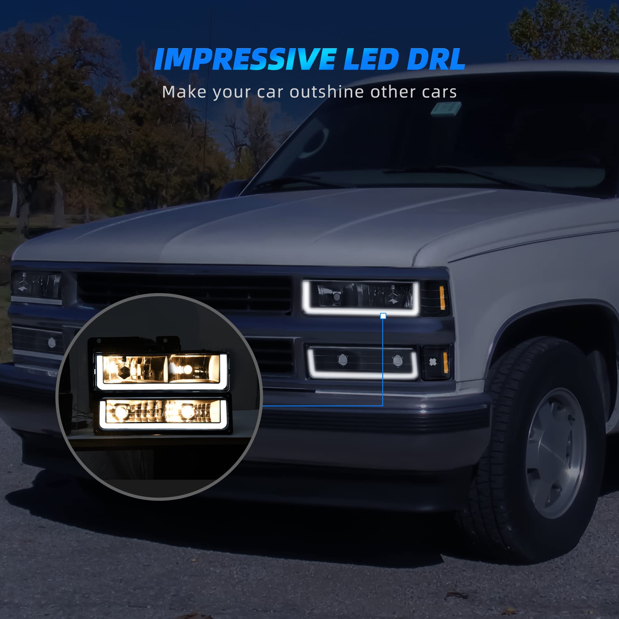 Autosaver88 Led Drl Headlights Assembly W/Corner Lights Compatible With 1994-1999 Chevy C/K 1500 2500 3500 Suburban Tahoe Headli