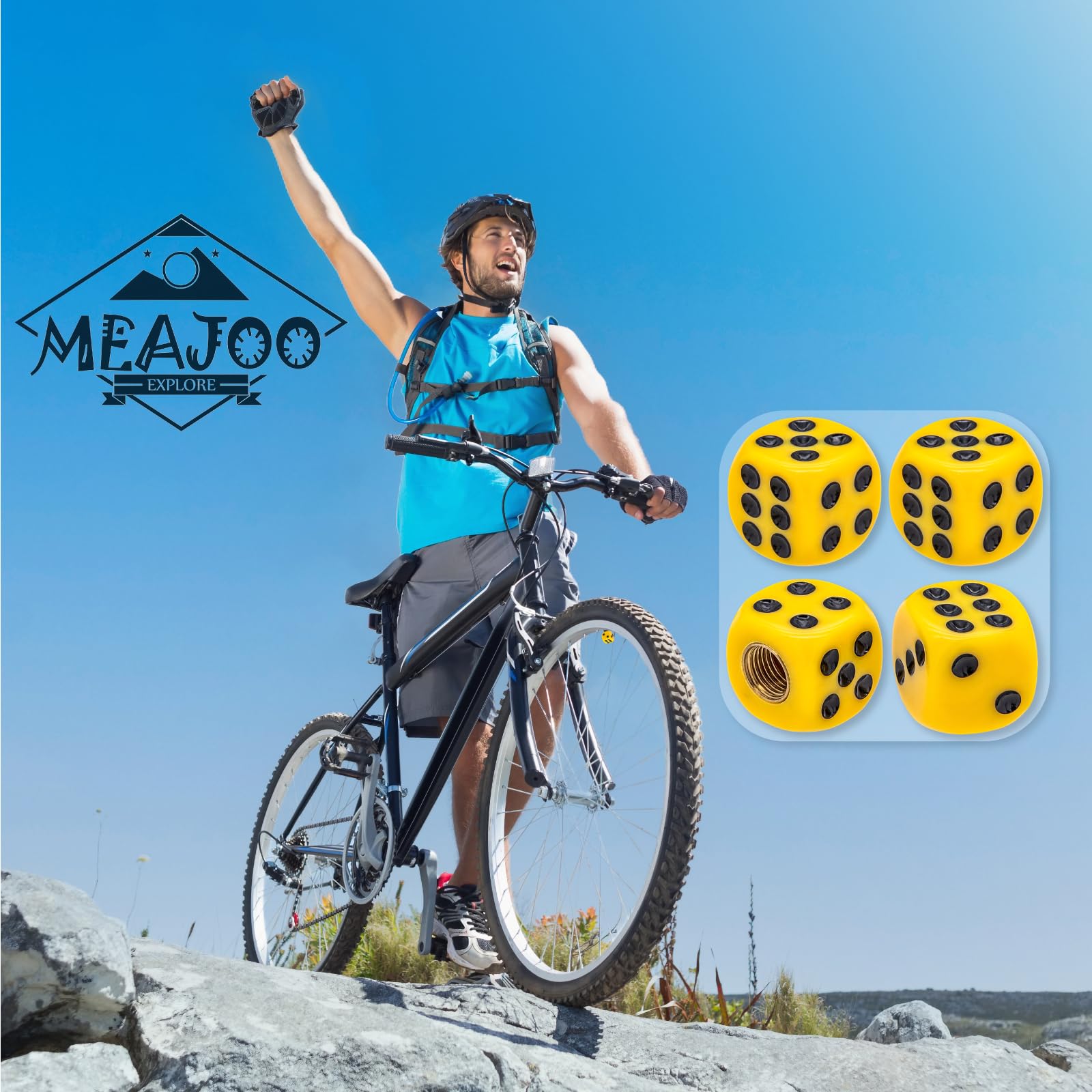 MEAJOO 4PCS Dice Tire Valve Stem Caps - Waterproof ABS Plastic - Yellow-Black - Universal for Cars, SUVs, Trucks, Bikes, Motorcycles