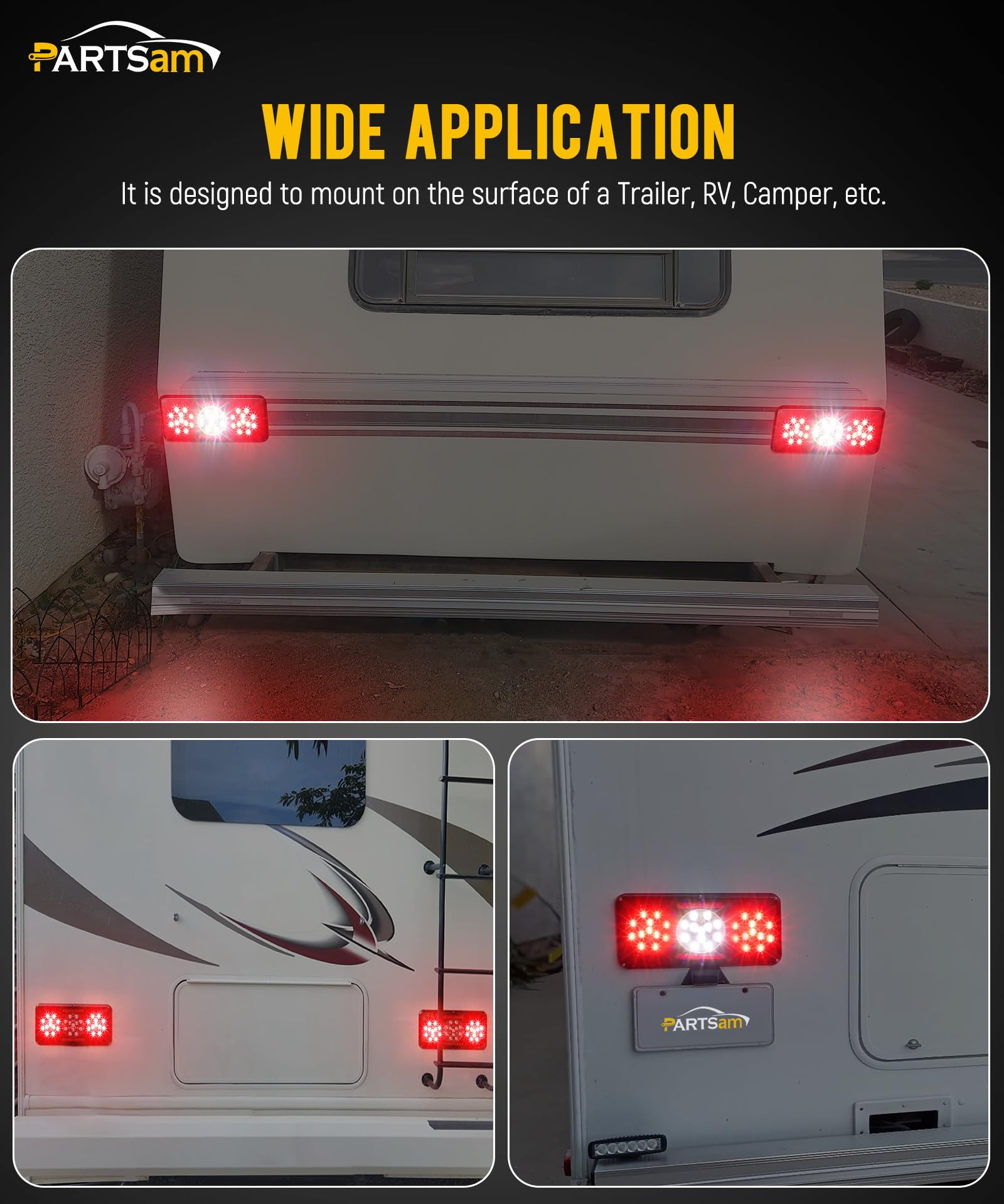 Partsam Rectangular Triple LED Trailer Tail Light, Red, Standard Size, Plastic, for RV Camper Motorhome - Stop, Turn, Backup, Reverse Lights